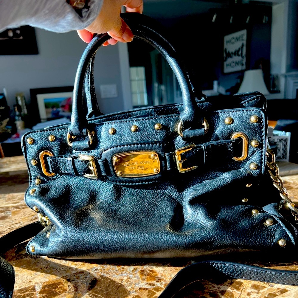 RARE Michael Kors Hamilton Black Leather Gold Studs Gold Chain Large Satchel